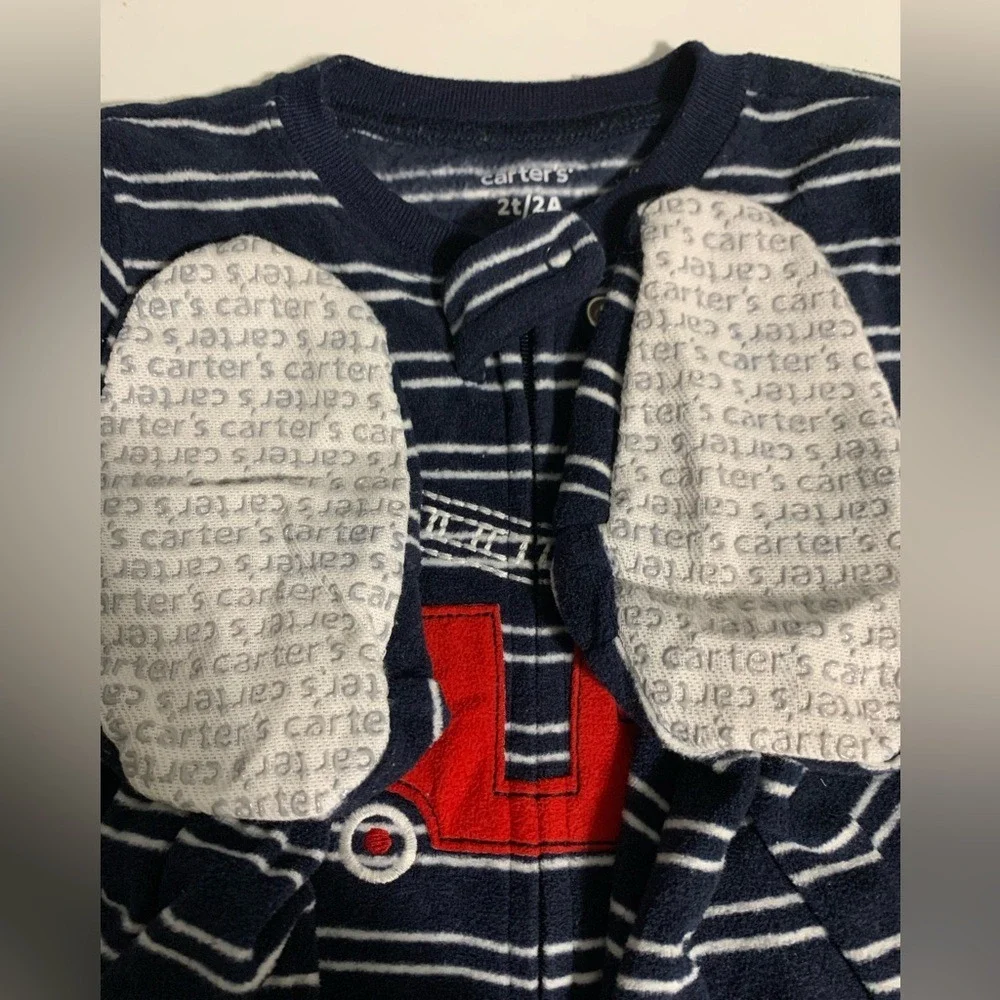 Carters Navy‎ White Stripe Fire Truck Footie Pajamas Sleepwear Baby Toddler 2T